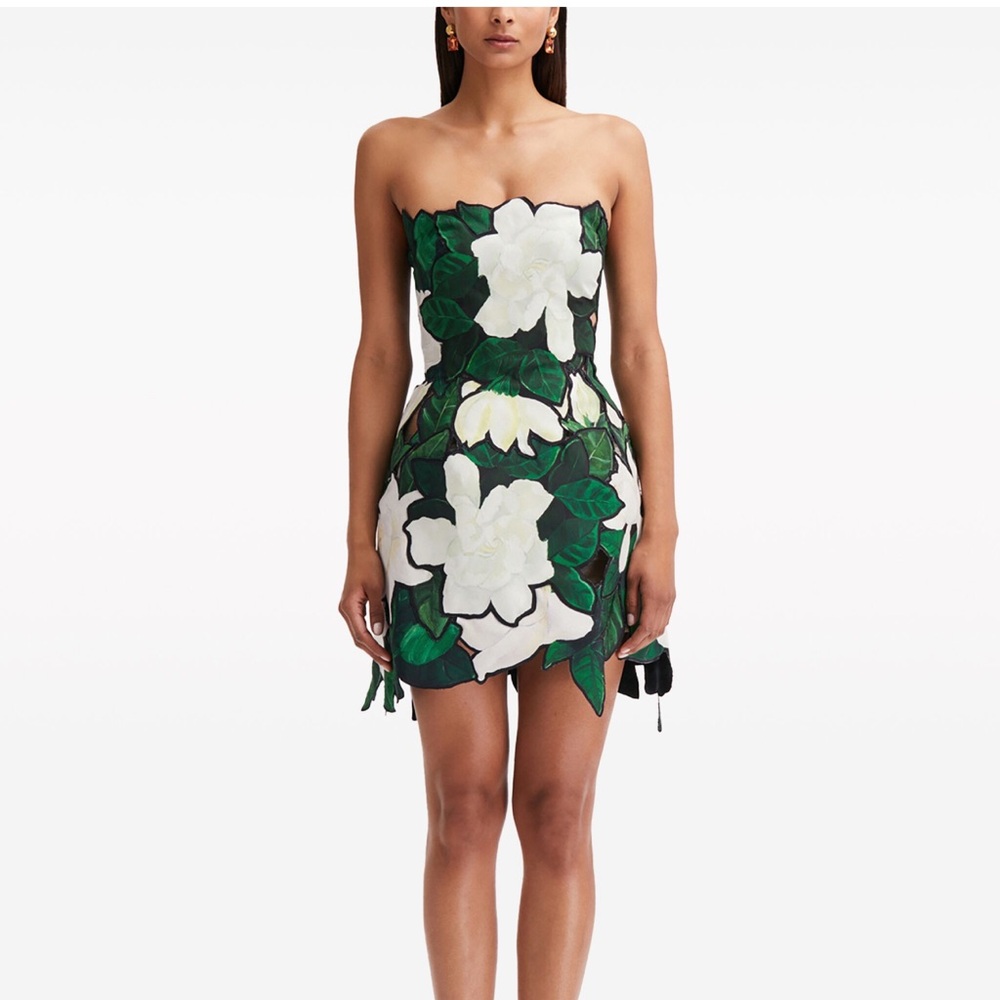 Oscar de la Renta Gardenia Appliqué Strapless Minidress in White/Black